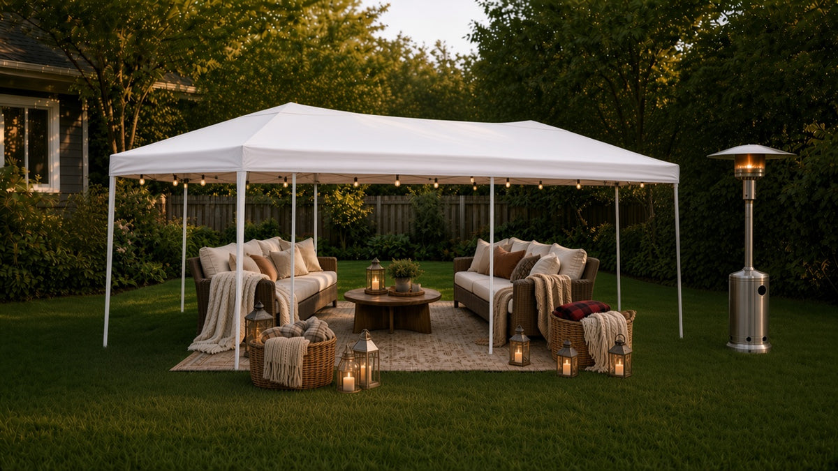 Cozy Tent Package | 10x20 Tent Lights Heater & Blankets